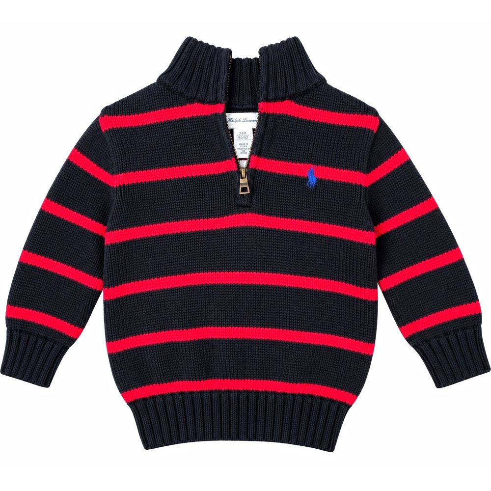 Ralph Lauren Boys 18M Navy/Red Striped Cotton Knit 1/4 Zip Sweater
